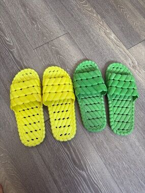 Braided Foam Slide Sandals in Yellow and Green - Pair. Indoor slippers